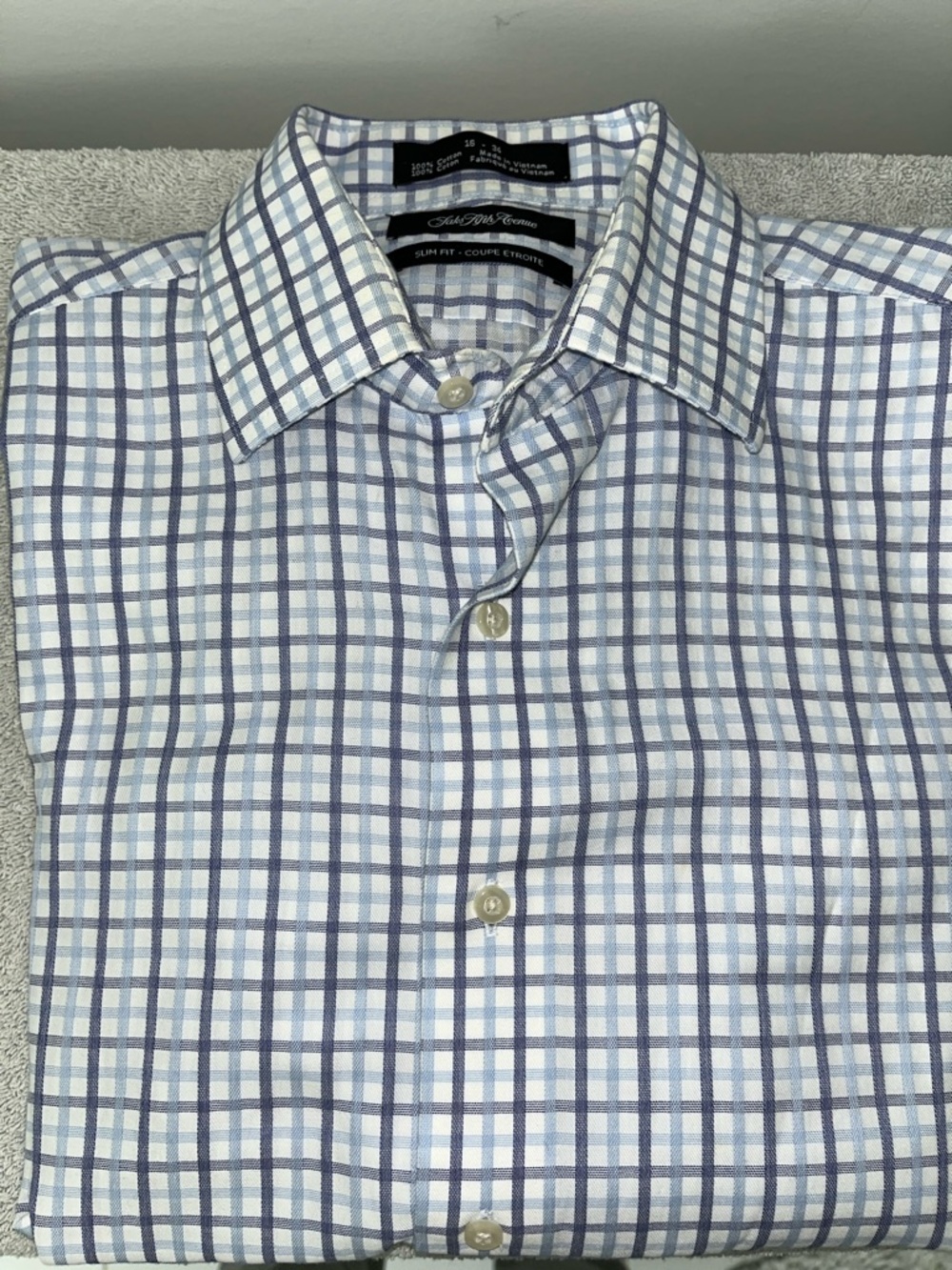 Saks Fifth Avenue White Dress Shirt with Light Blue Windowpane Check Size 16